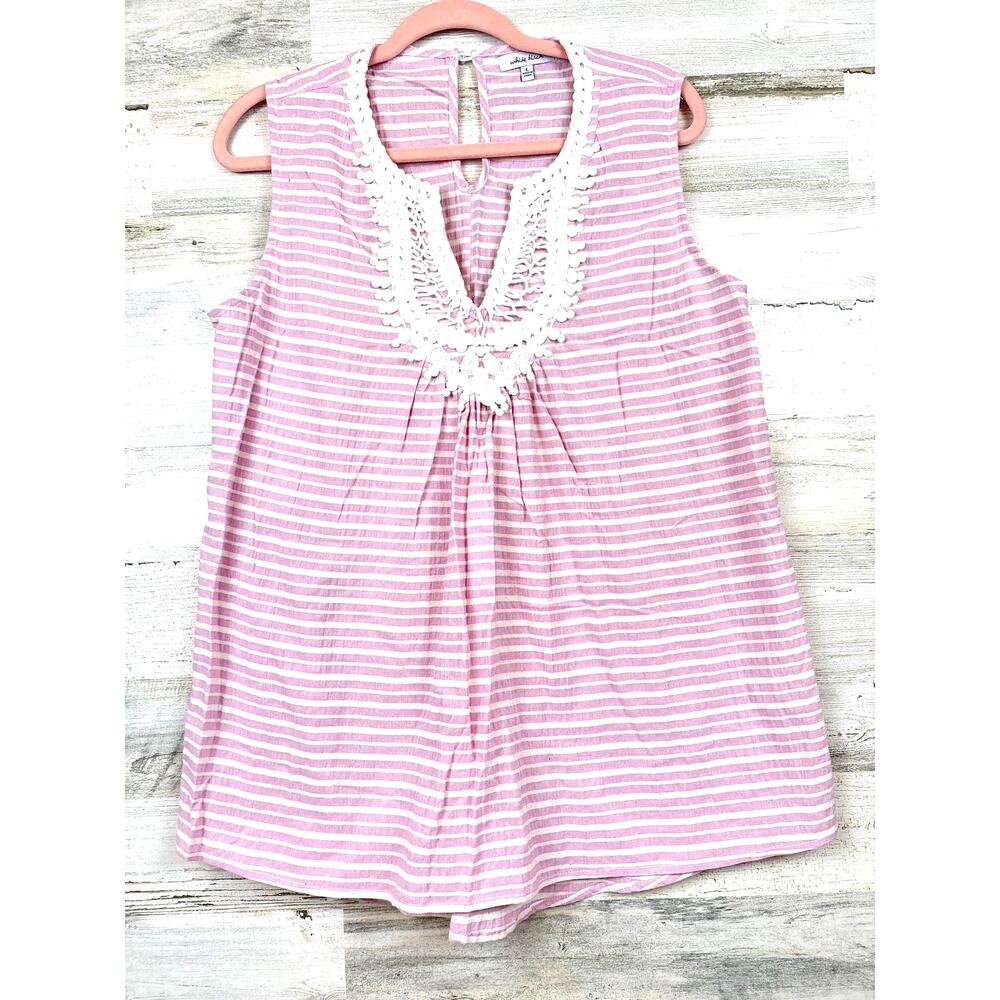 White Birch Pink White Stripe Sleeveless Blouse Womens L Linen Blend Boho